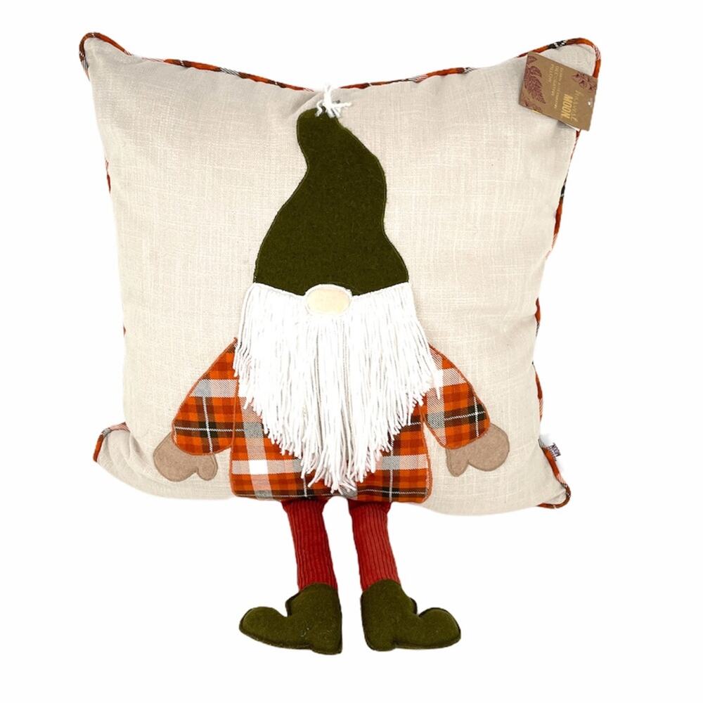 Harvest Moon Gnome Pillow, Tan, Green, Orange, 18.5x18.5
